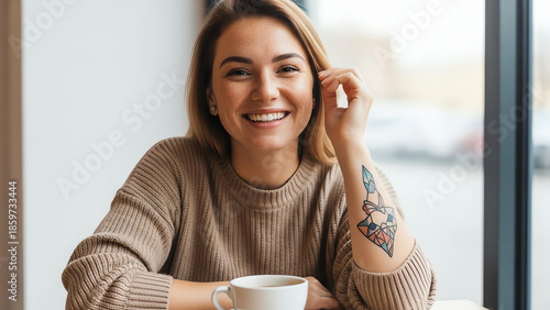 Young woman smiling while sitting at a cafe with a coffee cup  
