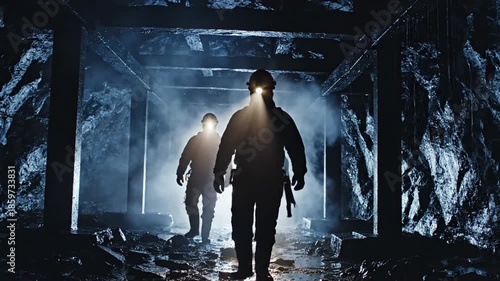 Silhouetted miners with headlamps walk through a dark, foggy mine tunnel with rugged walls