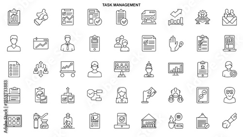 A collection of minimalist, black-and-white icons related to task management, including charts, people, documents, and progress indicators