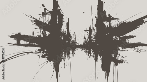 Abstract cityscape with dark brown and black brushstrokes on white