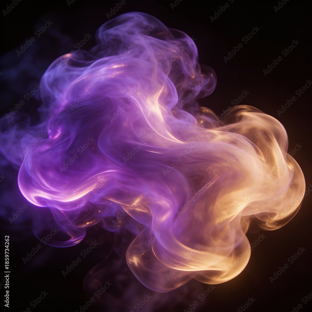 Obraz premium Abstract, Smoky Swirl of Glowing Neon Gas or Vapor Forming a Dense, Ethereal Cloud: Diffused Electric Violet and Soft Gold Luminous Texture on a Black Background.