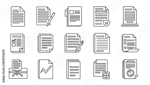 A collection of minimalist line art icons depicting various documents, including forms, reports, and signed agreements