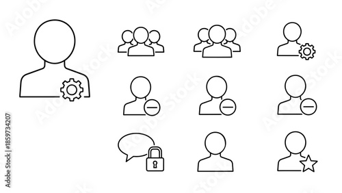 A collection of minimalist human silhouette icons with various symbols like gears, minus signs, speech bubble, lock, and a star