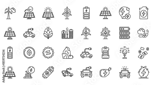 A collection of minimalist line art icons representing eco-friendly energy sources and sustainable concepts. Includes solar panels, wind turbines, and electric vehicles