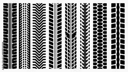 Collection of various tire track patterns in black and white