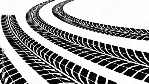 Tire tracks curving away on a white background