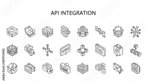 A collection of isometric black-and-white icon illustrations featuring various abstract shapes and digital concepts for design