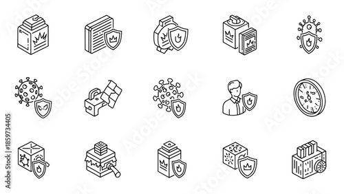 A collection of isometric black-and-white icons illustrating protection and prevention concepts, featuring various objects and symbols