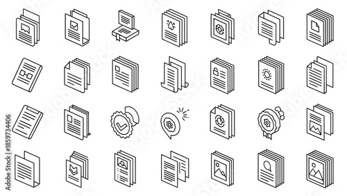 A collection of isometric black-and-white line-art illustrations, mostly depicting documents, papers, and files, with various symbols and design elements