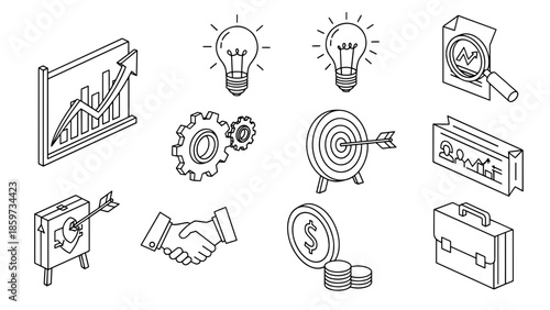 A collection of isometric business icons. Includes charts, lightbulbs, gears, bullseye, handshake, money, and a briefcase, all in black and white