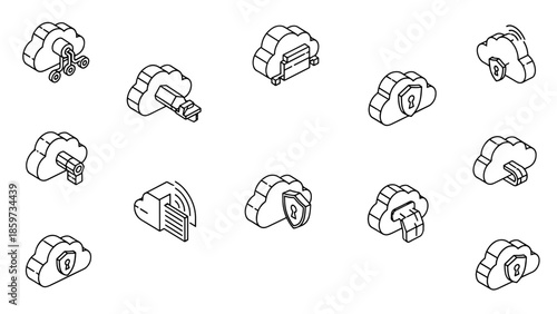 A collection of isometric cloud icons in a minimalist black and white style, depicting technology, security, and data transfer