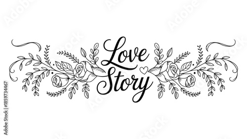 Elegant love story text with floral design and roses