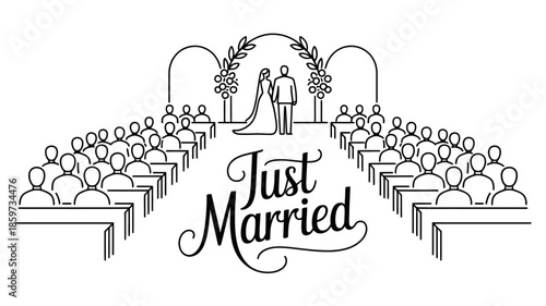 Elegant wedding ceremony with just married text