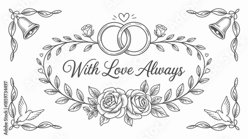 Romantic wedding illustration with love message and floral design