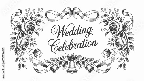 Elegant wedding celebration frame with floral design and ribbons
