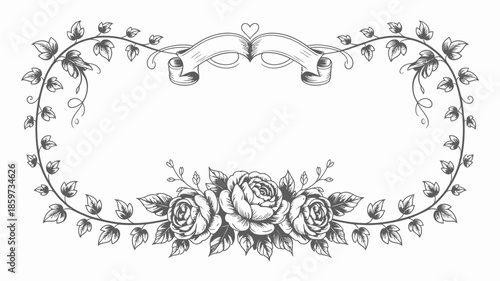 Elegant floral border with roses and ribbon for wedding or event design