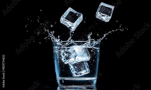 Clear glass with water and ice cubes splashing against a black background studio shot