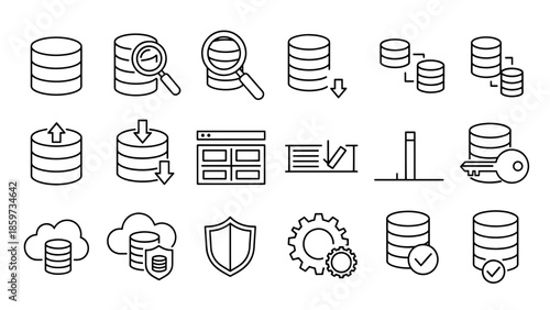 A collection of line-drawn icons representing various concepts related to data, storage, security, and cloud technology