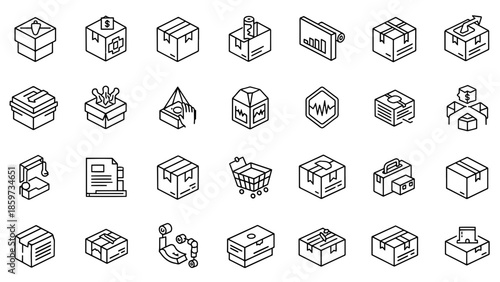 A collection of line-drawn icons representing various boxes, packages, and related elements. Designs vary in style, depicting different concepts