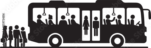 People waiting to board a bus with passengers inside