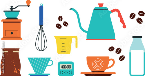 Vector Illustration Set of Coffee Brewing Tools and Barista Equipment