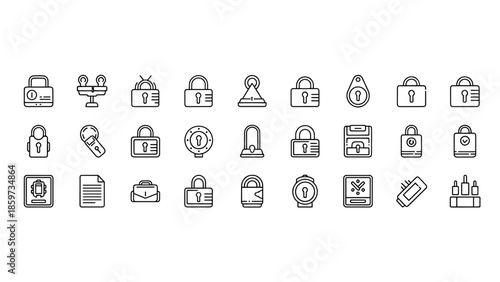 A collection of line art icons representing various security-related items, including locks, keys, and access devices