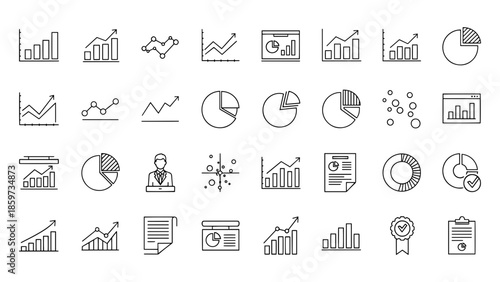 A collection of minimalist, black and white icon sets depicting various data visualizations like charts and graphs