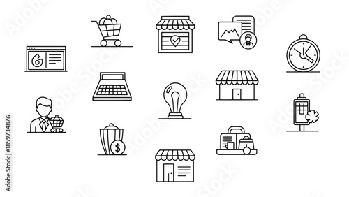 A collection of line art icons shopping cart, shop fronts, web, graphs, clock, person, calculator, bulb, trash, briefcase, and billboard