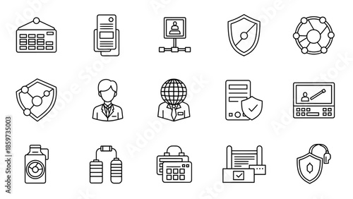 A collection of minimalist black and white icons. Includes a calendar, file, network icon, shield, and a person. Other icons too