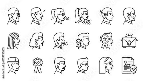 A collection of line art profile portraits depicting diverse individuals and icons, ideal for illustrations and design projects