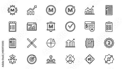 A collection of minimalist black and white icons including charts, checklists, gears, targets, and symbols. They may represent business or achievement