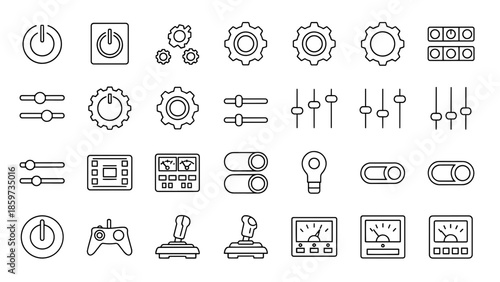 A collection of minimalist black and white icons. Includes power buttons, gears, sliders, gauges, joysticks, and an on/off switch. These icons are simple line drawings