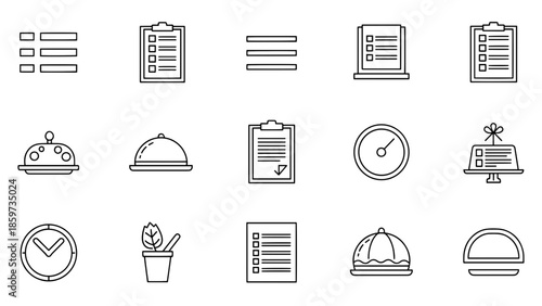 A collection of minimalist black and white icons including lists, clocks, cake, tray, and a plant. The designs are simple, bold, and clean