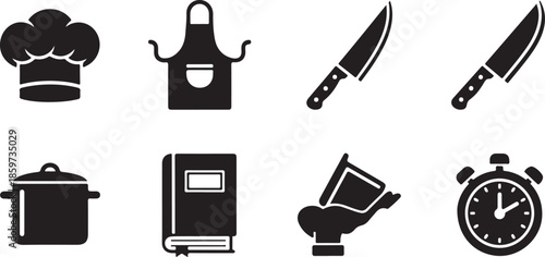 Collection of kitchen icons including chef hat, apron, pots, knives, cookbook, and timer