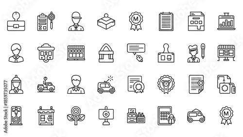 A collection of line art icons related to business and commerce. The icons depict different people, objects, and symbols, all outlined