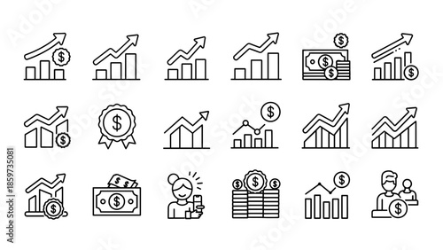 A collection of line icons depicting financial concepts. Various graphs with arrows, money symbols, banknotes, and people holding phones. A set of financial elements