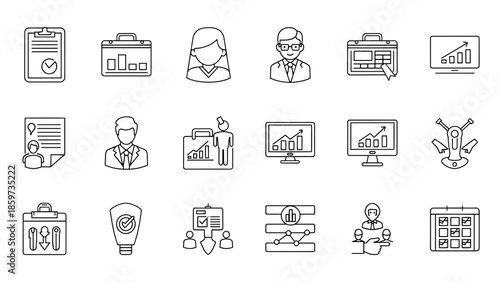 A collection of line art icons related to business and finance, including charts, people, briefcases, and checkmarks. The icons are all in a minimalist style