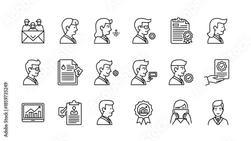 A collection of line icons depicting various business and office-related concepts, including people, documents, and charts, in a simplistic design style