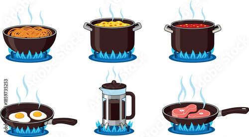 Vector Illustration Set of Food Cooking on Gas Stove Burners with Steam