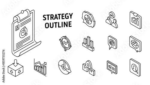 A collection of isometric strategy icons in a minimalist black and white design for a presentation or infographic