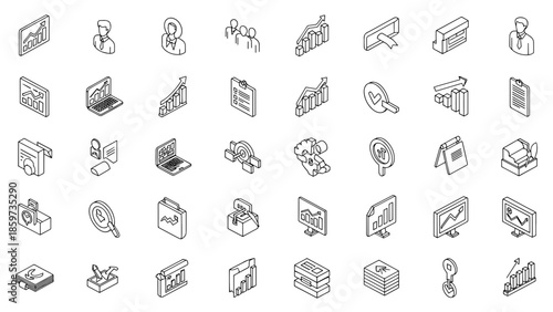 A collection of isometric vector icons depicting business and financial concepts, including growth charts and computer-related items