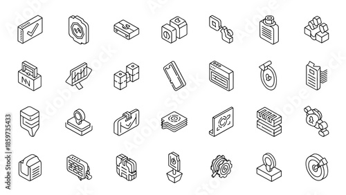 A collection of isometric monochrome icons, each depicting a different object, designed with thick outlines and simple shapes. They are arranged in rows and columns