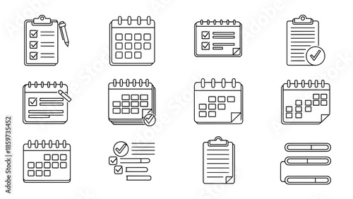 A collection of line art icons related to scheduling, planning, and task management. Calendars, checklists, and progress bars are featured