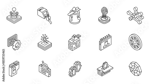 A collection of isometric monochrome icons, detailing concepts like interfaces, machines, gears, and technology. Contains various shapes and forms