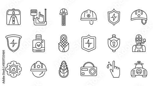 A collection of line art icons related to safety, technology, and industry, featuring helmets, shields, vehicles, and tools