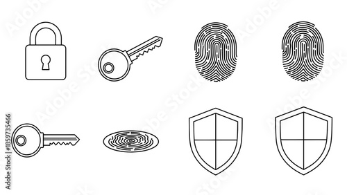 A collection of line art icons related to security, including a padlock, keys, fingerprints and shields on a white backdrop