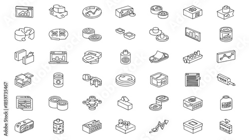 A collection of isometric monochrome icons, each depicting a different object, including graphs, web elements, and containers