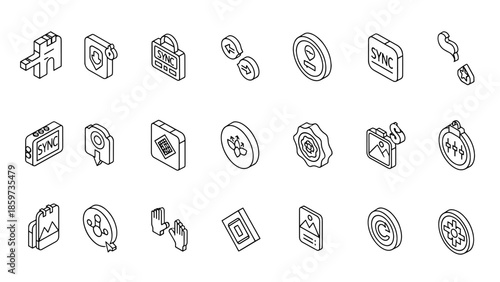 A collection of isometric monochrome icons, each depicting various symbols and objects, suitable for interface or design elements