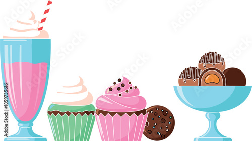 Vector Illustration Set of Pink Milkshake Cupcakes Cookie and Chocolate Truffles