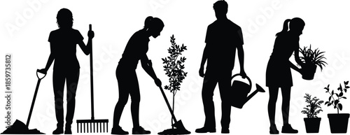 Gardening people silhouettes set with men and women planting watering raking outdoor work black vector illustration collection